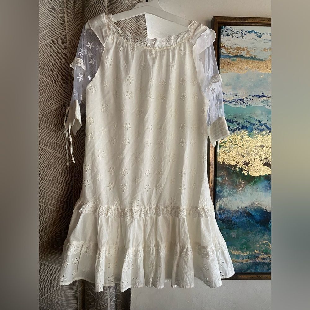 For Love And Lemons Hermosa Eyelet Mini Dress Tunic Beige Sz Small Tulle Sleeve - Picture 6 of 15